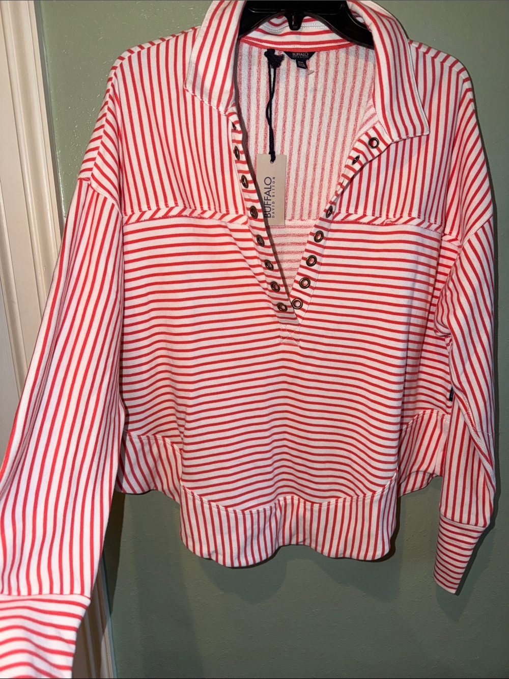 Buffalo David Bitton Red and White Striped Henley Pullover NWT$79